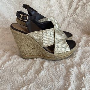 Brown and tan Jessica Simpson platform wedges.